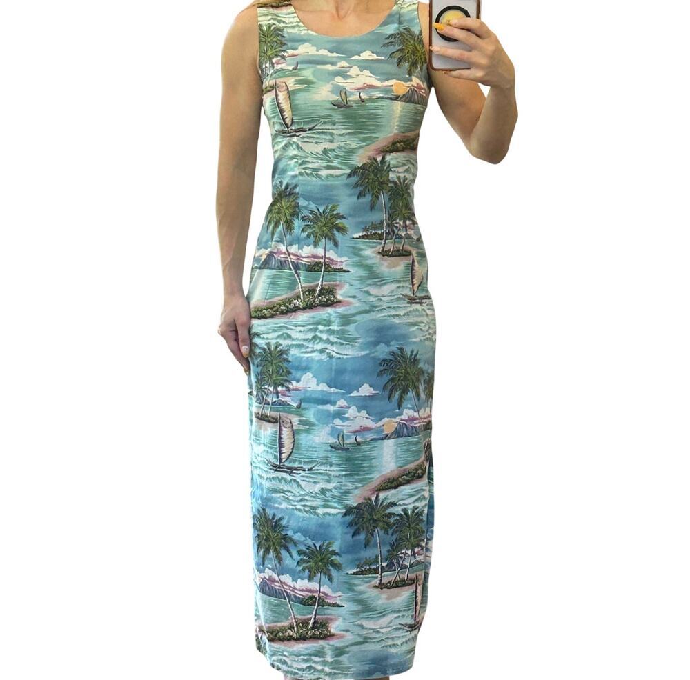 Vintage Y2K Hawaiian Print Column Dress High Slit Tropical Landscape Maxi S